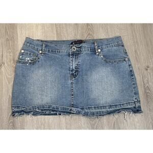 VANILLA Star Women’s Blue Denim Mini Skirt Studded Bling Detail Raw Hem Sz 9